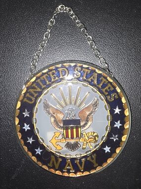 NWT Amia United States Navy Eagle Stained Hanging Suncatcher Blue & Gold